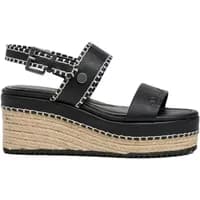 Black wedge sandals with braided jute platform, buckle strap, and white stitching details by Pepe Jeans.