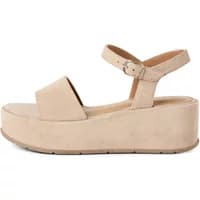 Beige women's wedge sandals with ankle strap and buckle, featuring a thick platform sole.