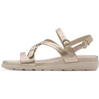 Beige women's wedge sandals with adjustable ankle straps and textured sole by Tamaris.