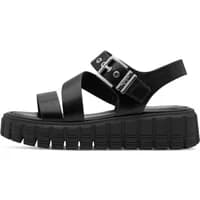 Black Tamaris wedge sandals with thick sole, adjustable buckle strap, and open toe design.