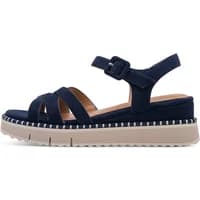 Navy blue women's wedge sandals with adjustable ankle strap and beige platform sole by Tamaris.