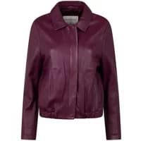 Women's burgundy leather jacket by Oakwood with front zip, classic collar, and elastic hem.