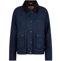 Navy blue women's zip-up goat leather jacket with dark collar and front pockets by Oakwood Missouri.