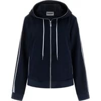 Navy blue women's zip-up hoodie by Guess with drawstrings, front pockets, and white side stripes.