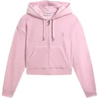 Pink Juicy Couture women's zip-up hoodie with drawstring hood, front pockets, and small logo on chest.
