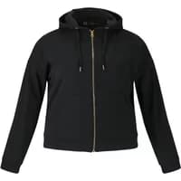 Black women's zip-up hoodie with gold zipper, drawstring hood, and long sleeves by Q Sportswear Tianna.