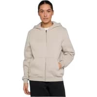 Beige women's zip-up hoodie by Urban Classics, featuring a fluffy texture, hood, and front pockets.