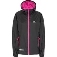 Black Trespass Qikpac women's waterproof jacket with pink zip, hood lining, and logo accents.
