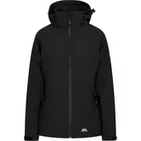 Black Trespass Tilbury women's waterproof hooded jacket with front zip and adjustable cuffs.