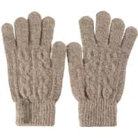 Beige woven gloves with cable knit pattern and ribbed cuffs, designed for women by Greenpoint.