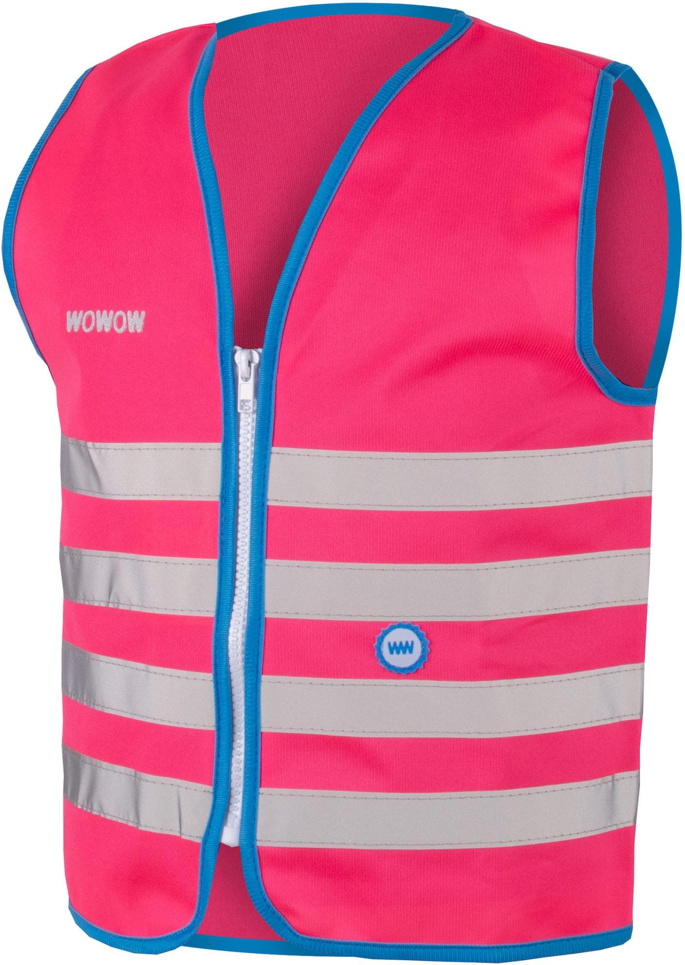 Fluo pink kids jacket with blue trim, reflective stripes, and front zipper by WOWOW.