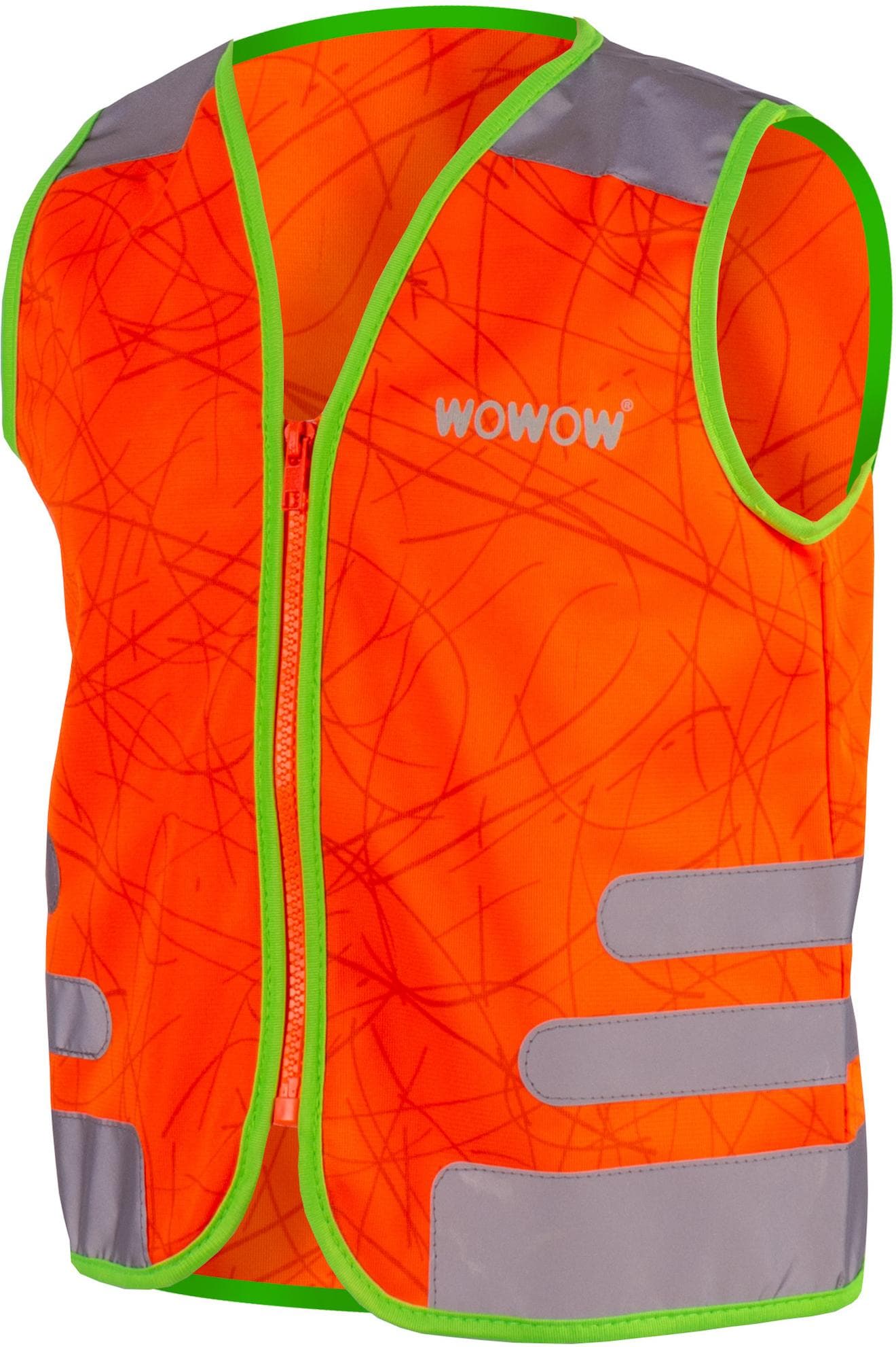 Fluo orange kids safety vest with green trim, reflective gray stripes, and "WOWOW" logo on chest.