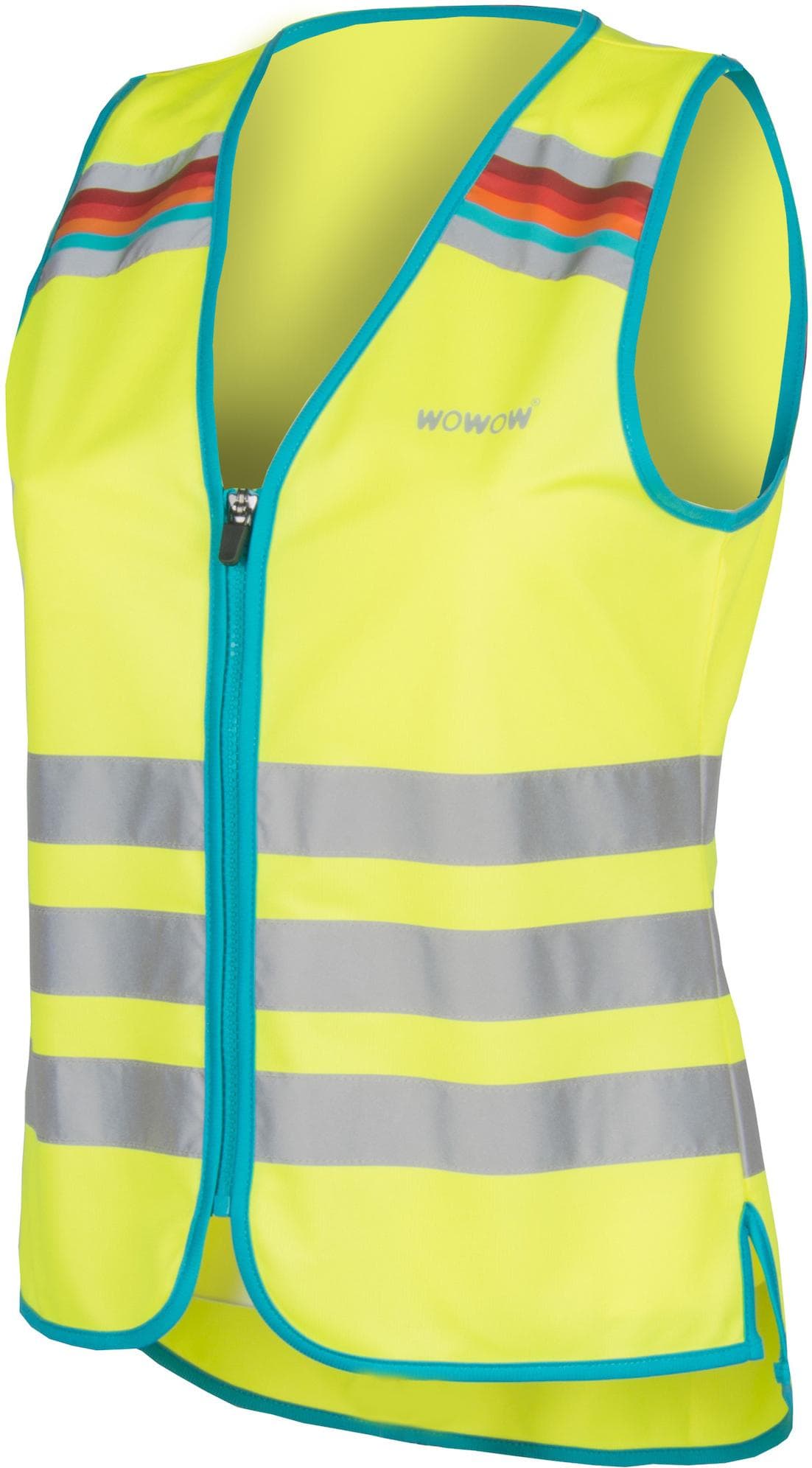 Fluo yellow safety vest with blue trim, reflective stripes, and zipper front by WOWOW Lucy, size L.