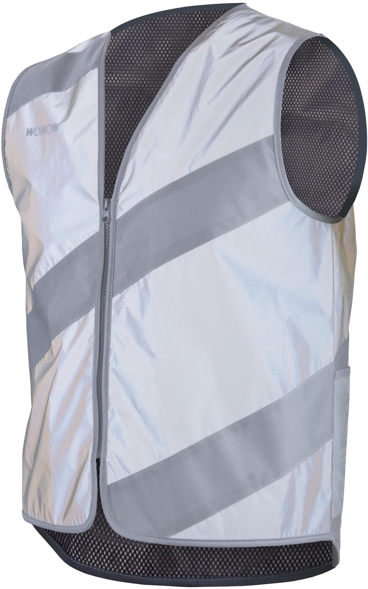 Reflective silver WOWOW Roadie vest XL with diagonal gray stripes and front zipper closure.
