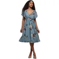 Blue Goddiva wrap dress with floral print, short sleeves, and knee-length hem.