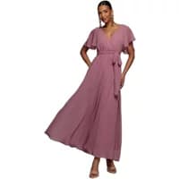 Pink Goddiva wrap dress with flutter sleeves, V-neck, and tie waist, featuring a flowing, sustainable fabric design.