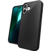 Black ZAGG Luxe Snap case for iPhone 16 Plus with textured diagonal lines and precise camera cutout.