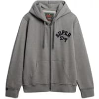 Gray Superdry Vintage Athletic Ziphood with front zipper, drawstring hood, and black "Super Dry" logo on chest.