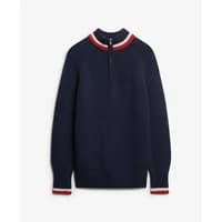 Navy zipped collar sweater with red and white trim on collar and cuffs for women by Superdry.