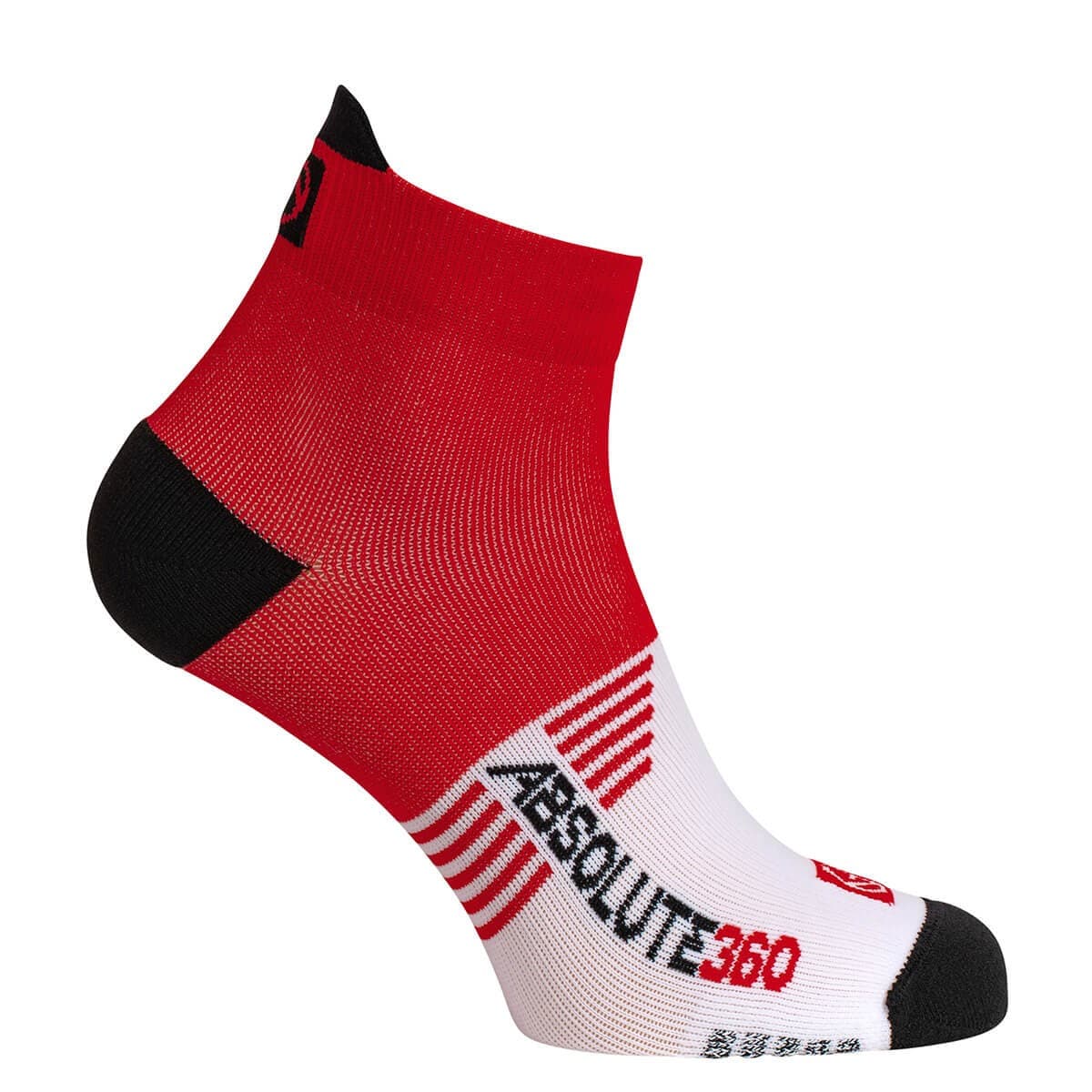 Red and white ankle running socks with a snug fit, featuring the Absolute360 logo, reinforced heel and toe, and a breathable material for optimal performance.