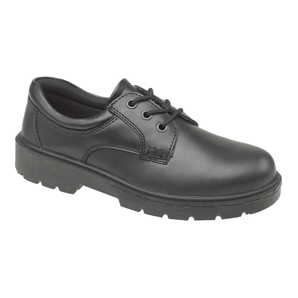 Black lace-up safety shoe made of metal-free composite material, featuring a sturdy rubber sole and a classic design, available in size 4.
