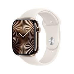 Apple Watch Series 10 with a 46mm gold titanium case, featuring a star-patterned watch face and a light-colored strap.