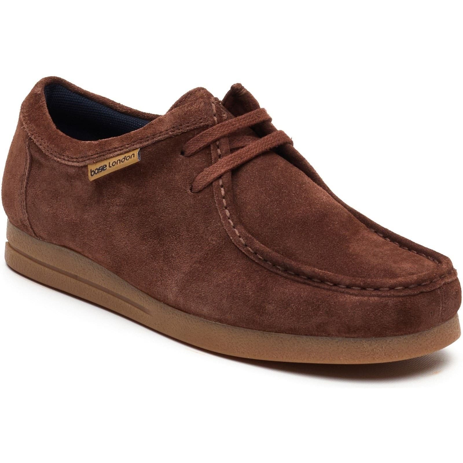 Brown suede moccasin shoes with a lace-up design, featuring a rounded toe and a rubber sole, branded with a small Base London logo on the side.