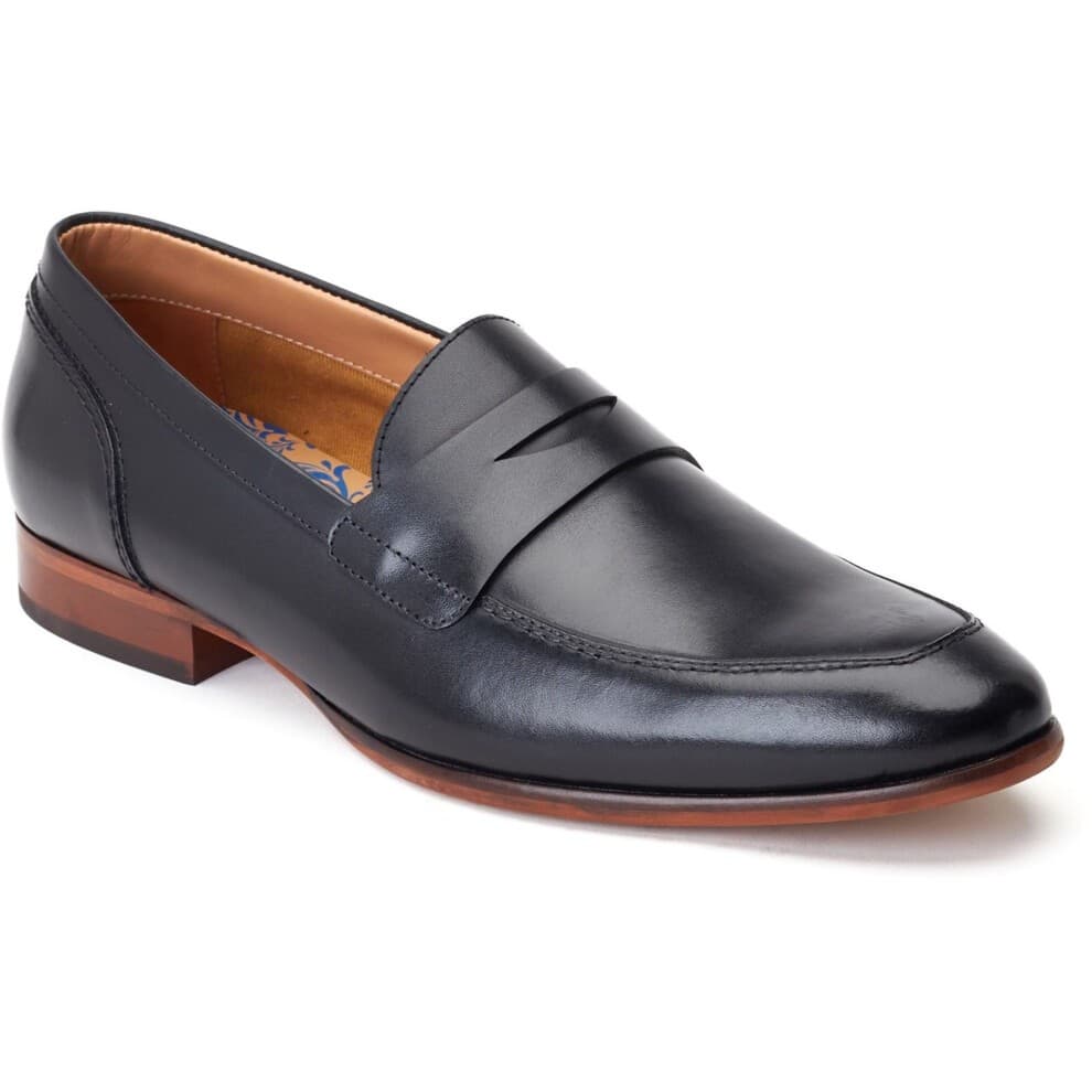 Black leather penny loafer with a sleek design, featuring a stitched toe cap and a low stacked heel, ideal for formal or smart-casual occasions.