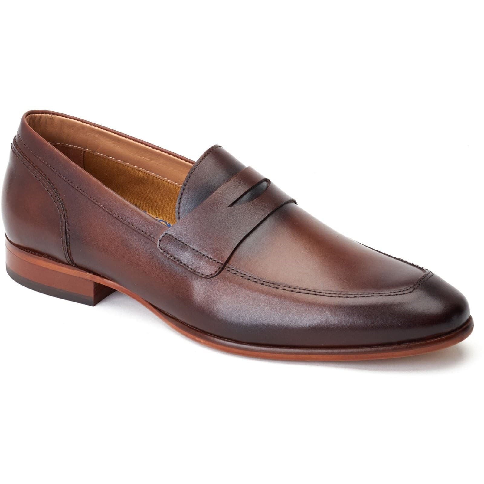 Burnt brown leather penny loafer with a sleek silhouette, featuring a stitched vamp and a low stacked heel for a sophisticated look.
