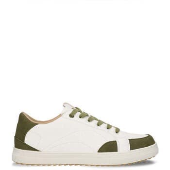 White vegan basketball shoes with olive green accents, featuring a smooth upper, round toe, and a textured rubber sole, designed for comfort and style.