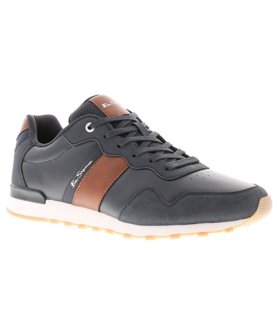 Navy blue retro sneakers with brown leather accents, featuring a cushioned sole, lace-up front, and a sleek design, ideal for casual wear.