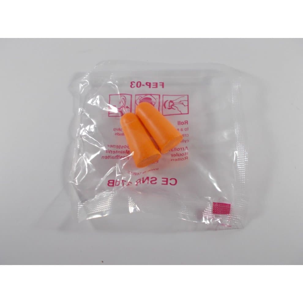 Orange foam ear plugs packaged in a clear plastic bag, featuring product details and usage instructions printed in pink on the packaging.