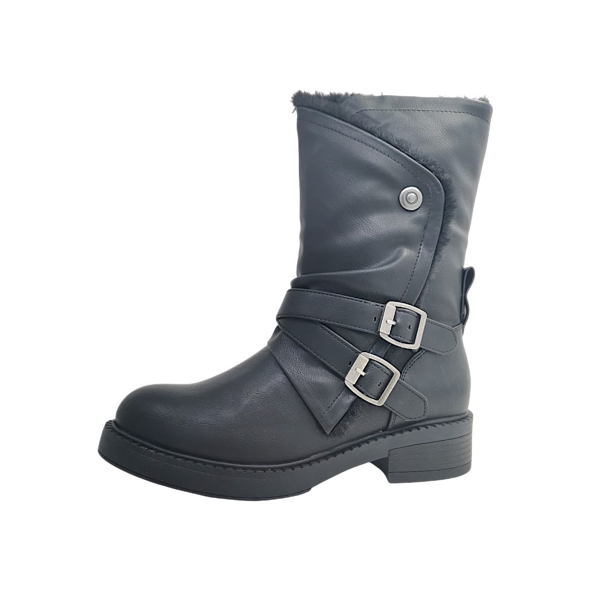 Black faux leather women's boots featuring a cozy fur lining, double buckle straps, and a low block heel for a stylish and comfortable look.