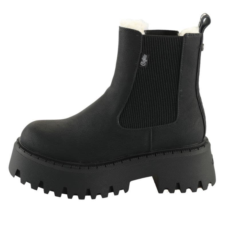 Black Chelsea boots by Buffalo, featuring a chunky platform sole, elastic side panels, and a soft, faux fur lining for added comfort.