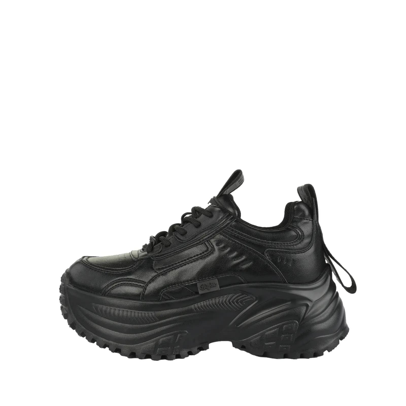 Black Buffalo Turbo Fun women's heeled sneakers feature a chunky sole, smooth leather upper, lace-up design, and a pull tab at the back for easy wear.
