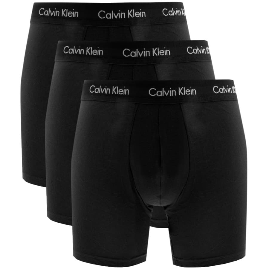 Three pairs of black cotton stretch boxer brief shorts for men, featuring a longer leg design and a Calvin Klein logo waistband, size large.