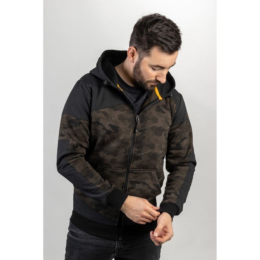 Men's Caterpillar Trade Sweatshirt in Night Camo-Black features a camo-patterned body, black sleeves, a zip-up front, and an adjustable hood with a yellow drawstring.