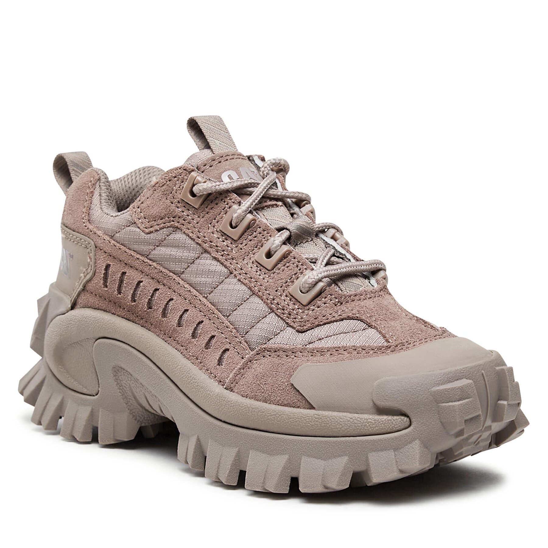 Brown suede and mesh sneaker with a chunky sole, featuring textured detailing, lace-up front, and a padded collar for comfort.