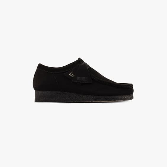 Black suede Clarks Originals Wallabee women's shoes in size UK 3, featuring a classic moccasin design and a thick rubber sole.