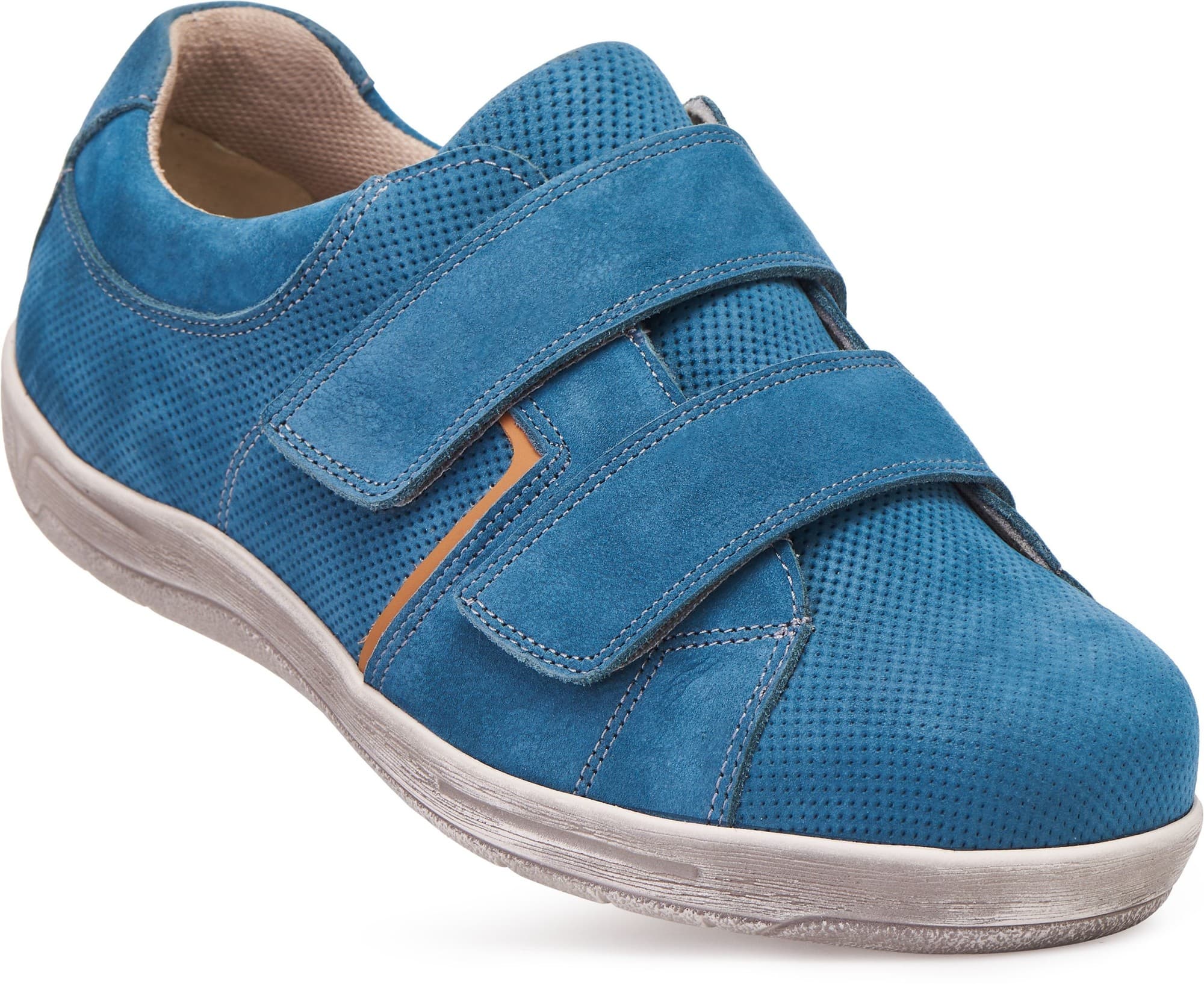 Men's extra wide shoes in vibrant blue suede with a breathable perforated design, featuring two adjustable Velcro straps for easy wear, ideal for swollen feet.