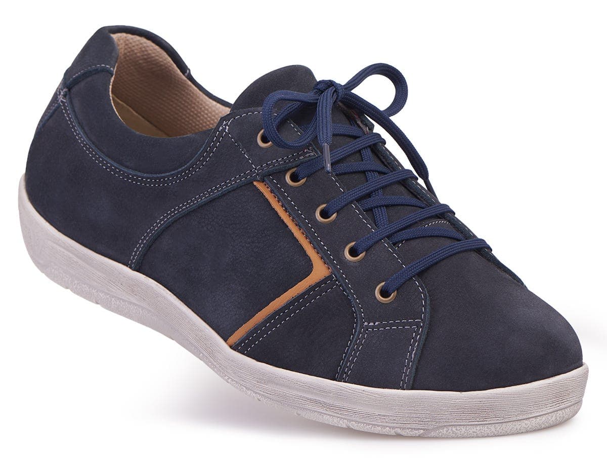 Navy blue suede men's shoe with extra wide fit, featuring a tan accent, round toe, and lace-up design, ideal for swollen feet.