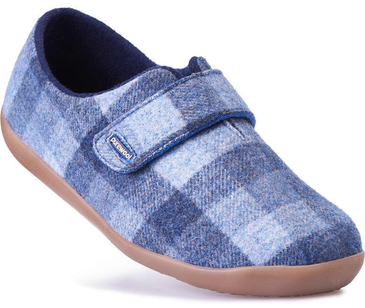 Blue and grey checked slippers with a soft wool material, featuring a Velcro strap and a sturdy brown rubber sole, designed for extra wide fit and comfort.