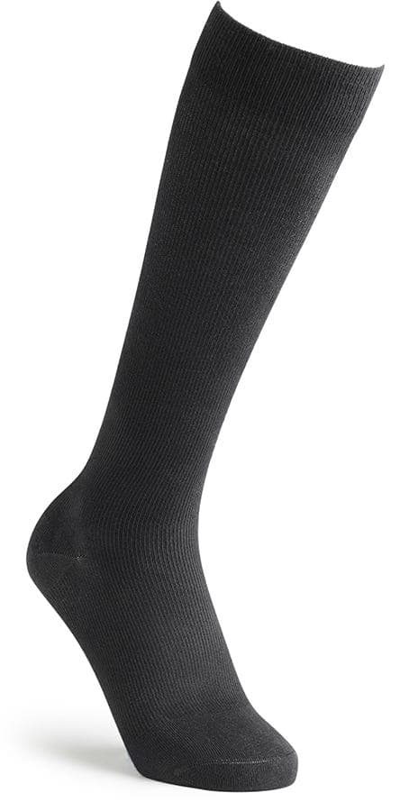 Extra roomy black travel socks made from a soft, stretchy material, designed to promote circulation and reduce the risk of DVT during long journeys.