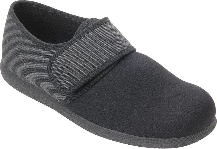 Black extra wide shoes with a soft fabric upper, featuring a grey adjustable strap for a secure fit, designed for comfort and support for swollen feet.