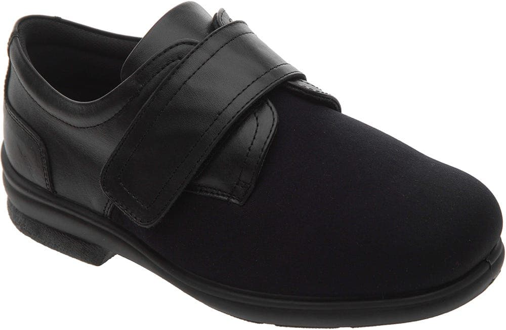 Black extra wide shoes featuring a soft upper material and a Velcro strap for easy adjustment, designed specifically for swollen feet.