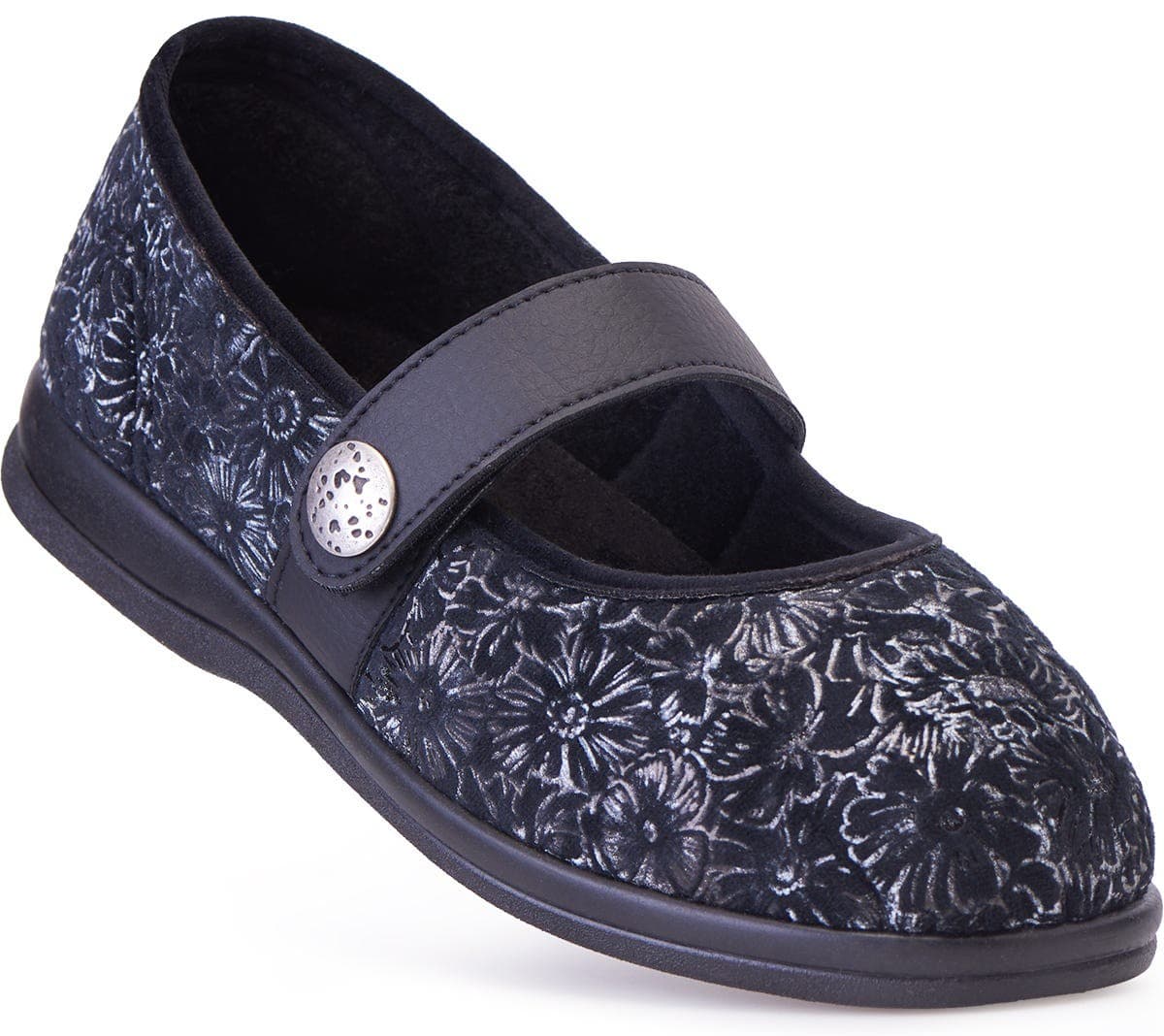 Black floral-patterned extra wide shoes with a Mary Jane strap, featuring a cushioned insole and a flexible sole, designed for comfort and swollen feet.