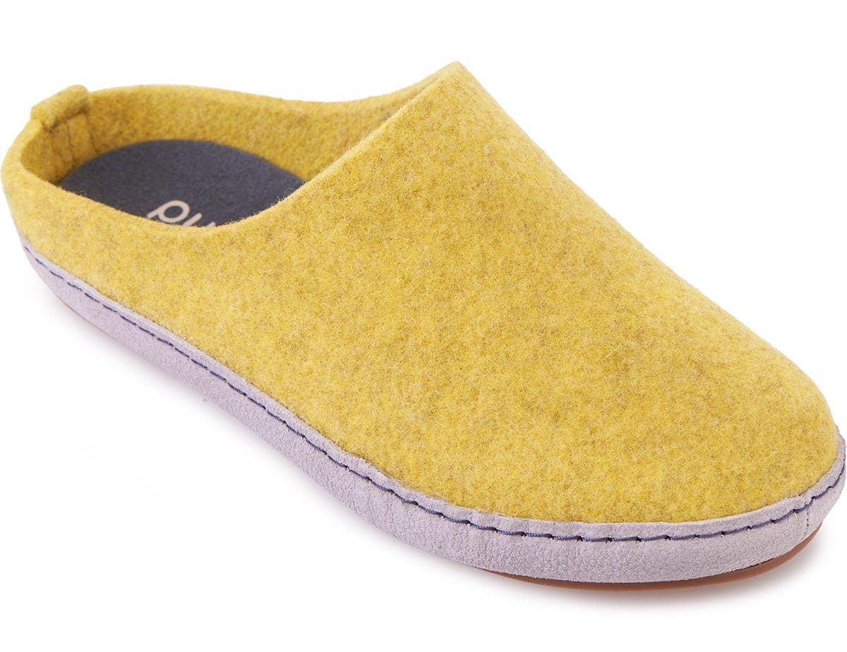 Yellow fabric slip-on shoe with a soft, felt-like texture, designed for extra wide fit, featuring a cushioned insole and a durable grey sole.