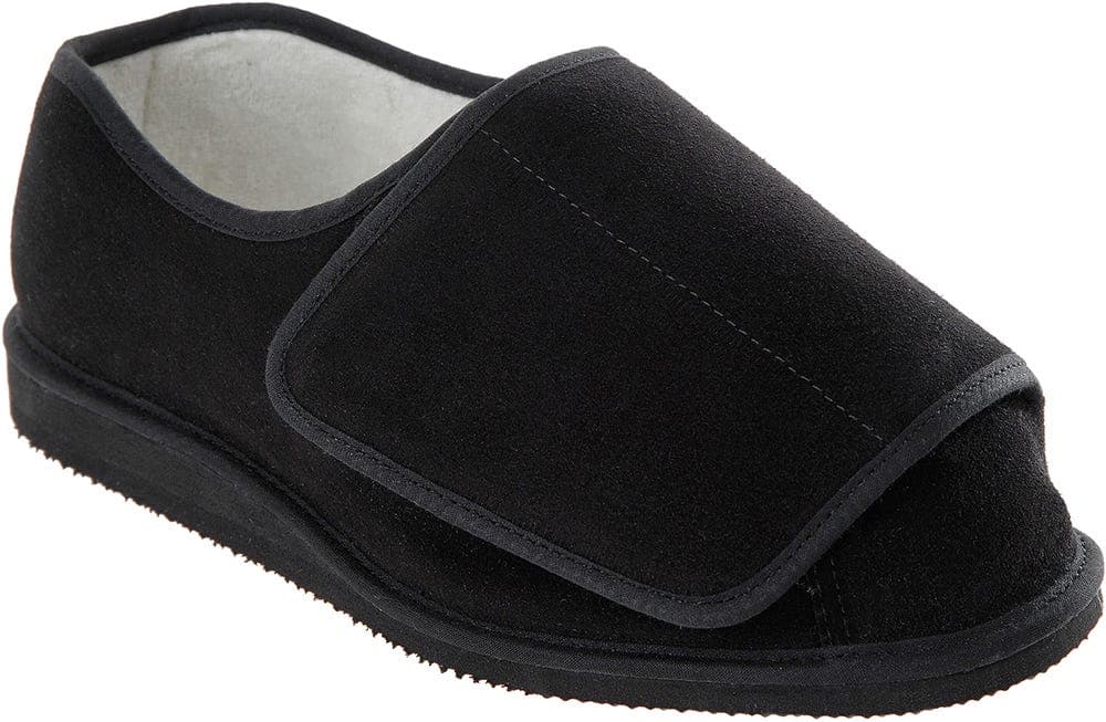Black suede unisex slippers with a wide fit, featuring a large adjustable strap for comfort, designed specifically for swollen feet.