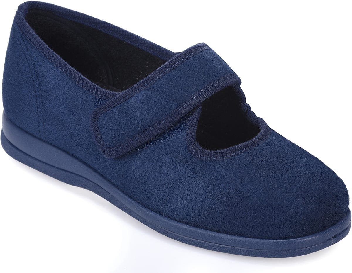 Navy blue extra wide shoes with a soft suede texture, featuring a Velcro strap and a cut-out design for comfort, ideal for swollen feet.