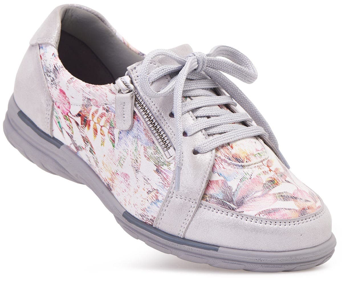 Light grey extra wide women's shoes featuring a floral print upper, lace-up design, and a side zipper for easy access, ideal for swollen feet.
